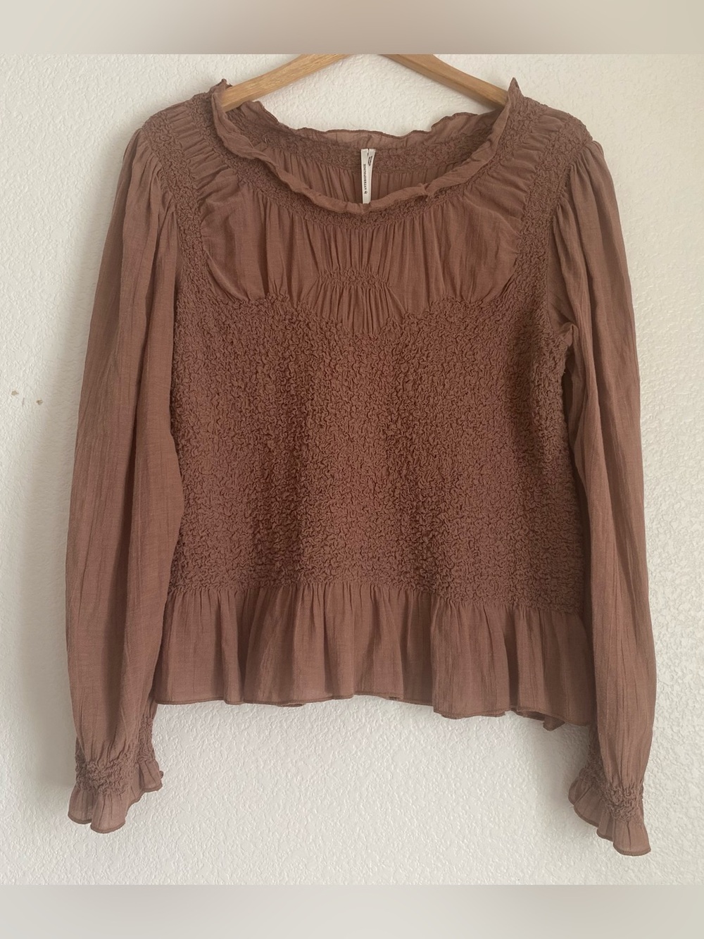 Anthropologie brown long sleeve smocked peplum blouse, brown, XL